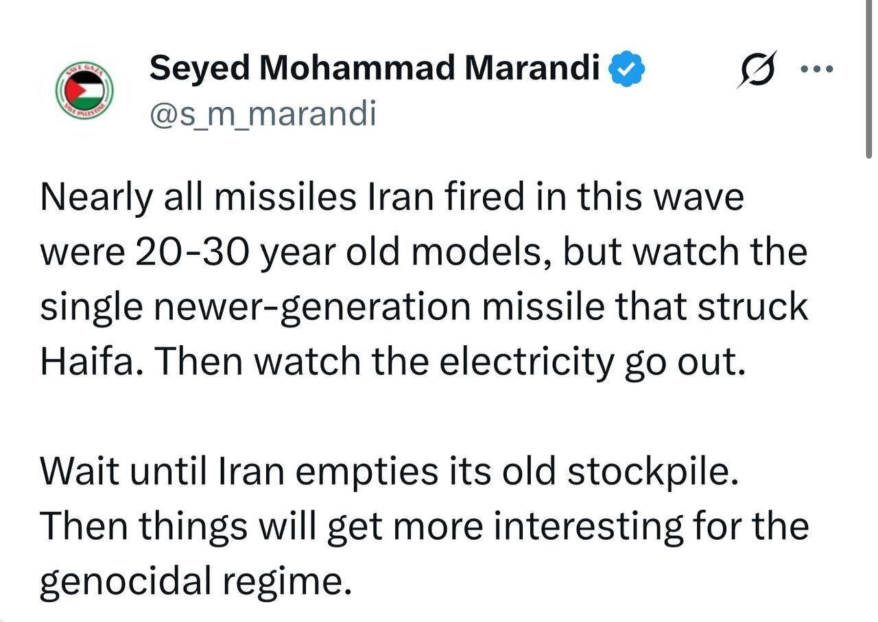 موشک‌هایی که ایران شلیک کرد مدل‌های ۲۰ تا ۳۰ سال پیش بودند؛ صبر کنید تا ایران ذخایر قدیمی خود را خالی کند آن وقت اوضاع جالب‌تر خواهد شد