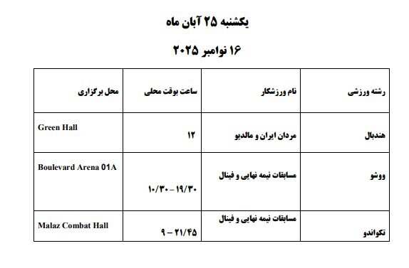 برنامه مسابقات کاروان ایران در بازیهای کشورهای اسلامی امروز یکشنبه ۲۵ آبان برنامه مسابقات کاروان ایران در بازیهای کشورهای اسلامی امروز یکشنبه ۲۵ آبان