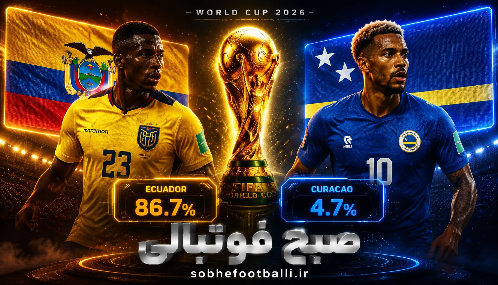 پوستر اختصاصی صبح فوتبالی برای پیش&zwnj;بینی بازی اکوادور و کوراسائو در جام جهانی ۲۰۲۶