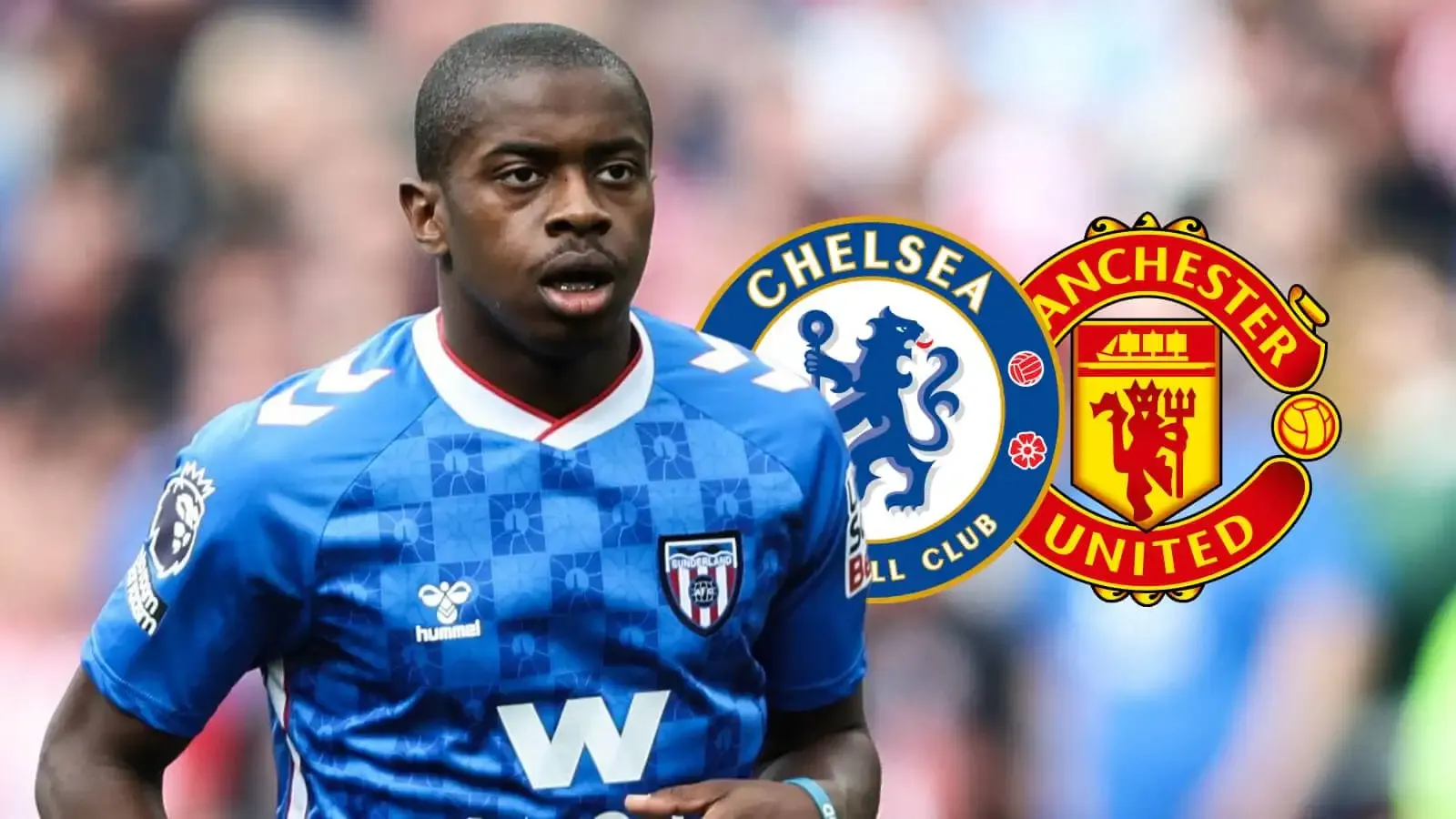 نوح سادیکی، ستاره ساندرلند، با لوگوهای چلسی و منچستریونایتد