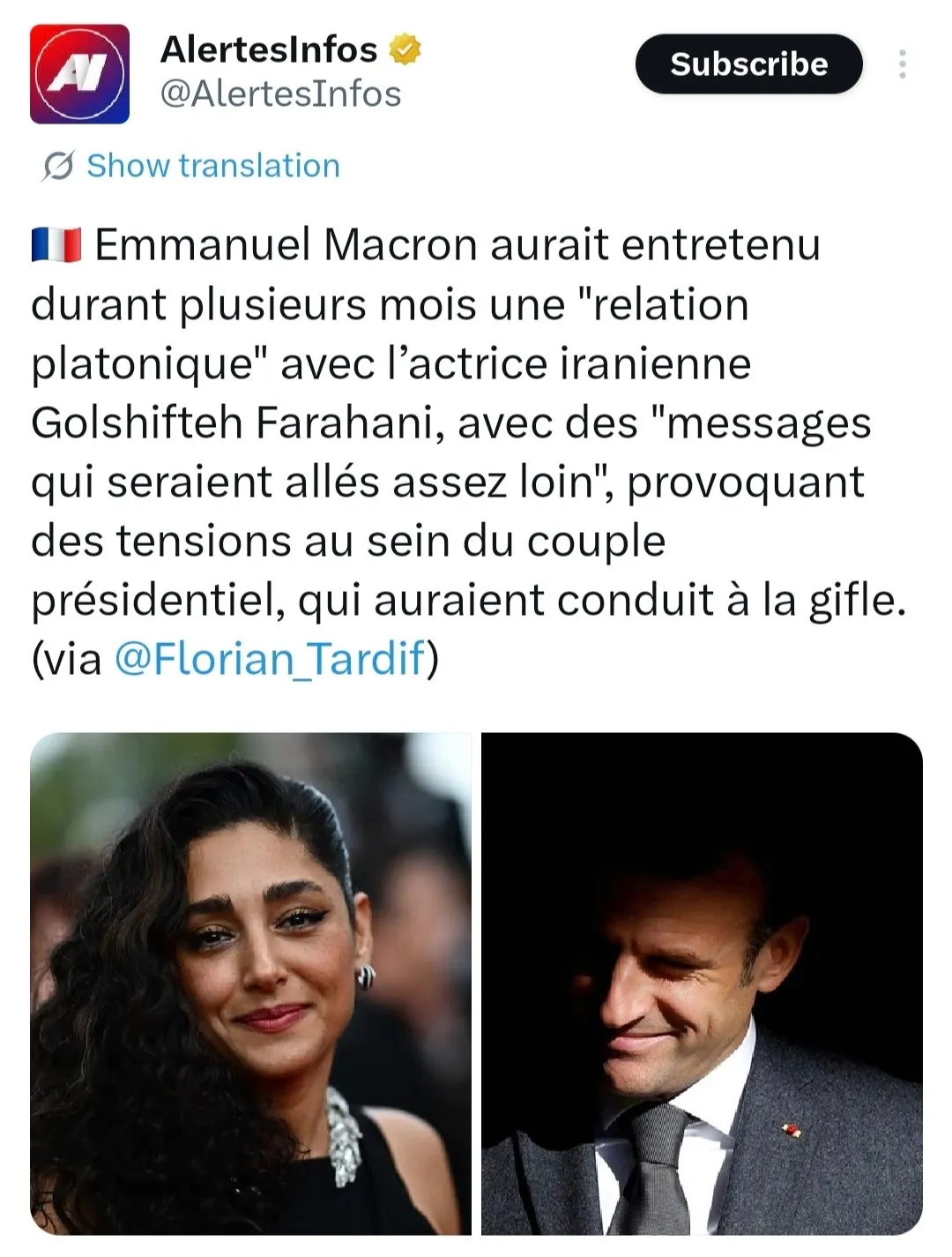 امانوئل مکرون و گلشیفته فراهانی امانوئل مکرون و گلشیفته فراهانی