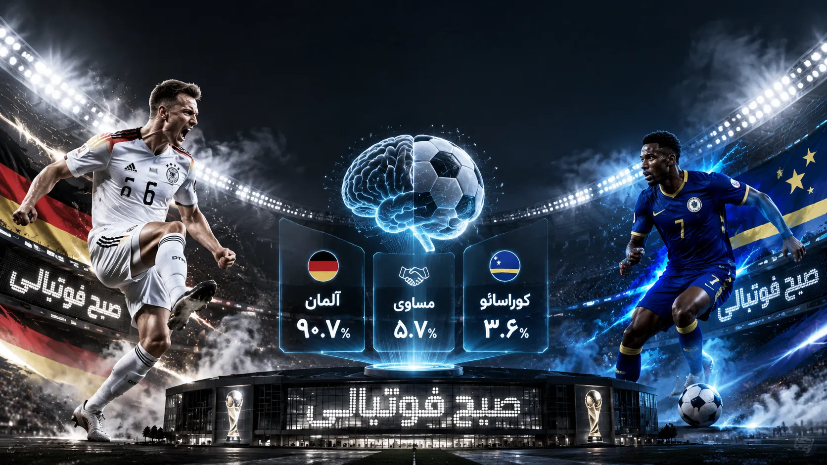 اینفوگرافیک پیش&zwnj;بینی بازی فوتبال آلمان و کوراسائو در پوستر صبح فوتبالی با درصد شانس برد آلمان ۹۰.۷٪، مساوی ۵.۷٪ و برد کوراسائو ۳.۶٪ به همراه تصویر بازیکنان دو تیم و مغز فوتبالی.