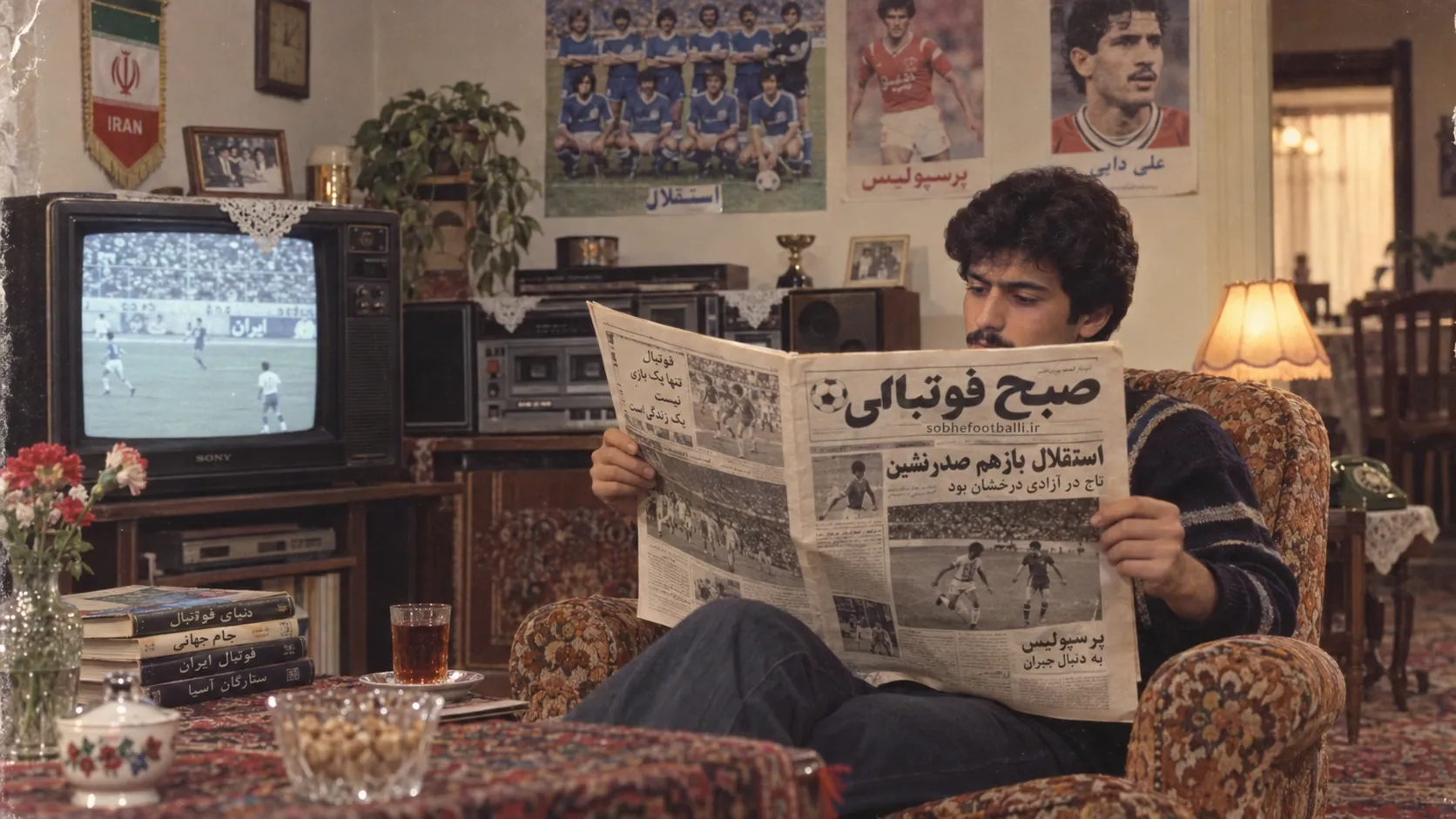 عکس دهه ۸۰ با هوش مصنوعی؛ مردی در حال خواندن روزنامه صبح فوتبالی در خانه&zwnj;ای با حال&zwnj;وهوای قدیمی