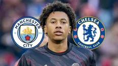 کاسیانو کیالا، بازیکن بایرن مونیخ، درکنار لوگو منچسترسیتی و چلسی
