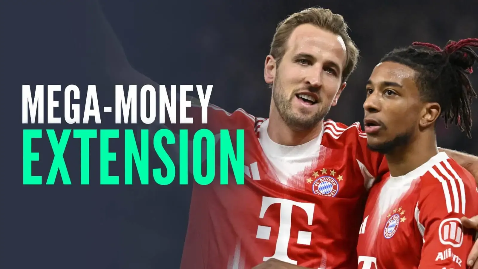 تصویر مایکل اولیسه (Michael Olise) و هری کین با کیت بایرن مونیخ و تیتر انگلیسی MEGA-MONEY EXTENSION