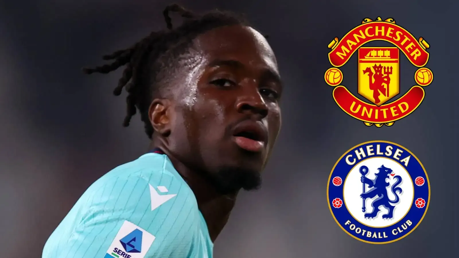 جاناتان روو، ستاره بولگونا، در کنار لوگوهای منچستریونایتد و چلسی