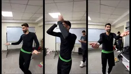 رقص علیرضا بیرانوند در رختکن تراکتور پس از قهرمانی در لیگ برتر ایران