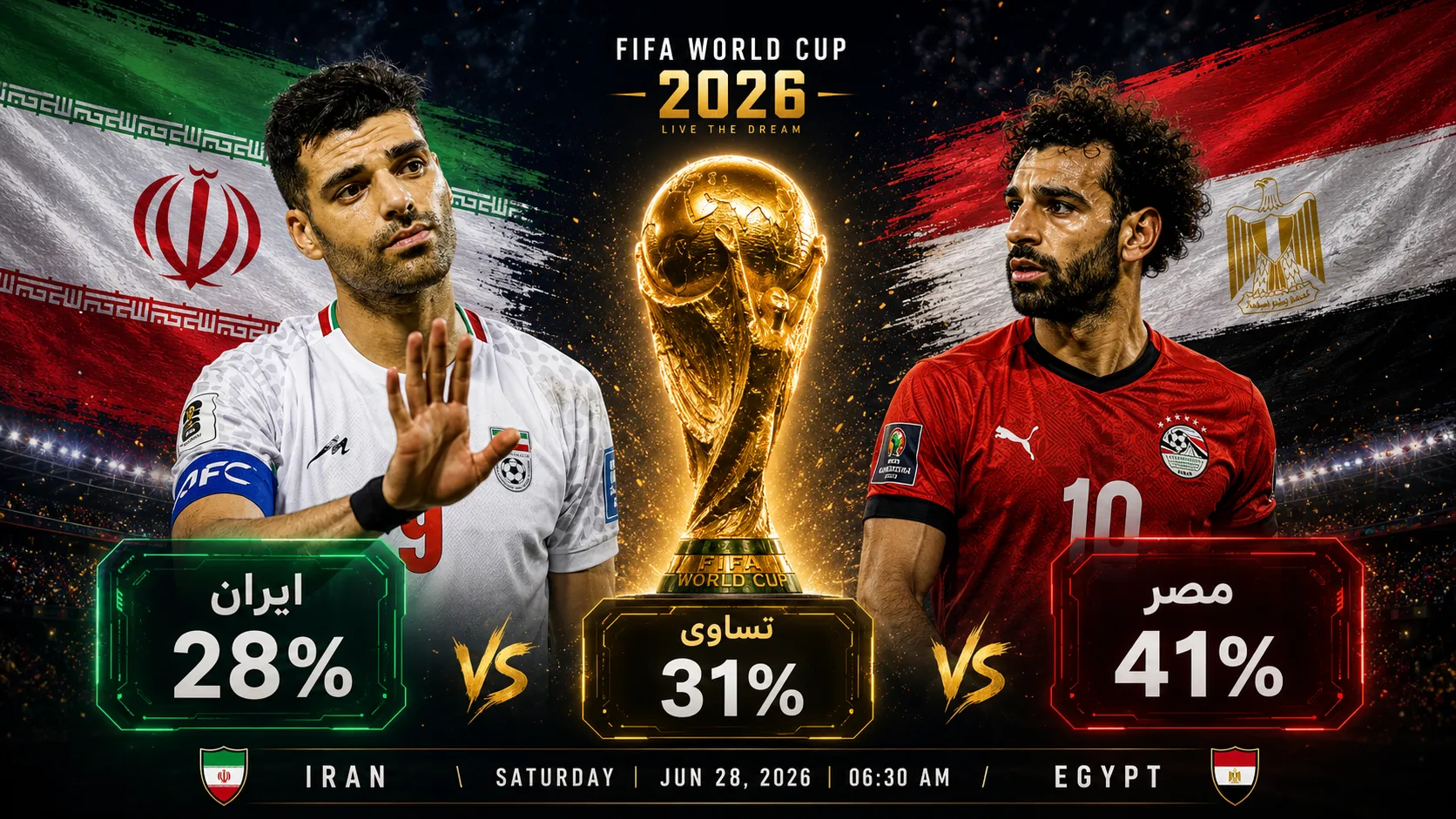 پوستر پیش&zwnj;بینی بازی ایران - مصر در جام جهانی ۲۰۲۶