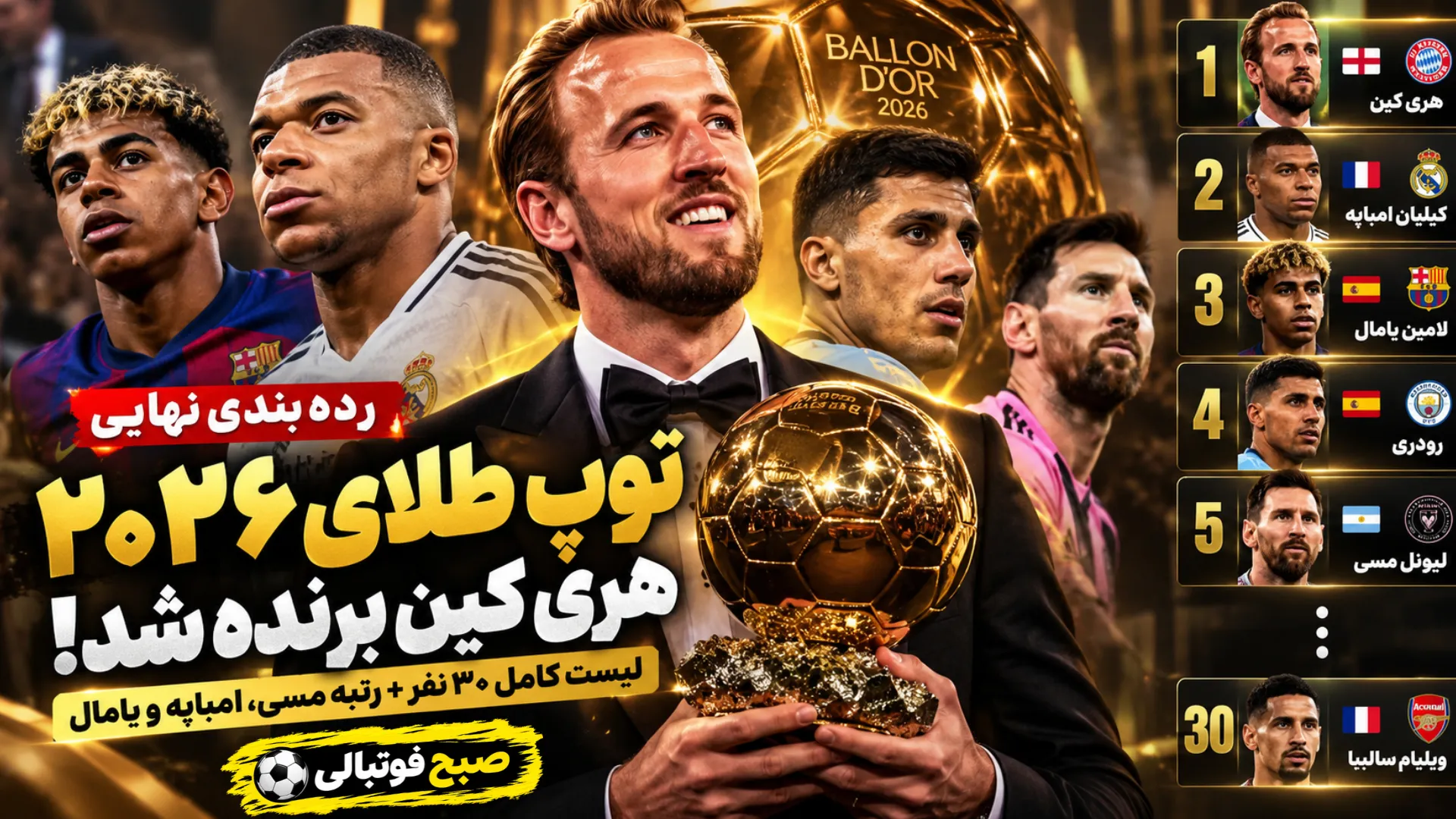 رده&zwnj;بندی نهایی توپ طلای ۲۰۲۶؛ هری کین اول، امباپه دوم و مسی پنجم شد + لیست کامل ۳۰ نفر