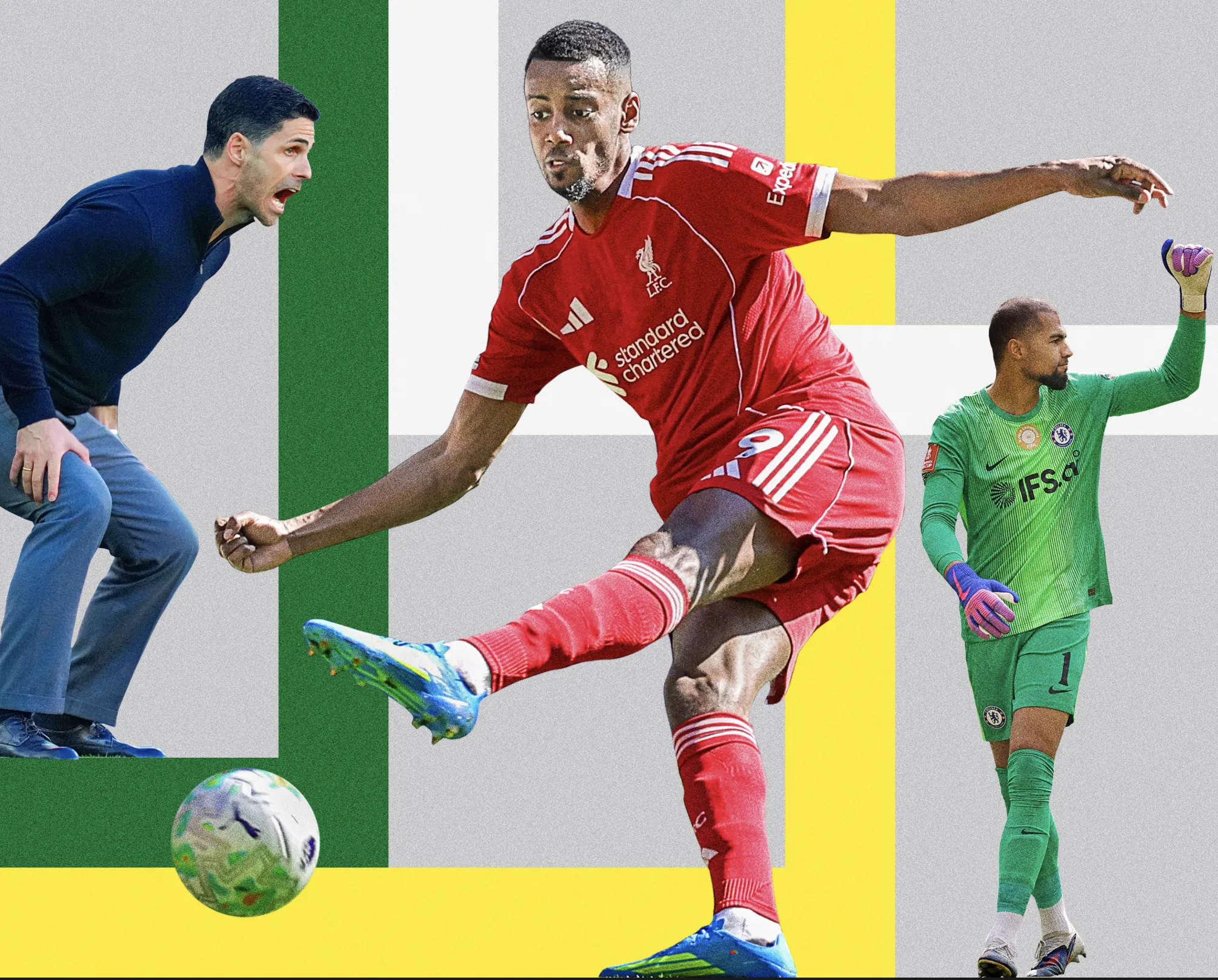 کلاژ گرافیکی الکساندر ایساک مهاجم لیورپول، میکل آرتتا سرمربی آرسنال و روبرت سانچز دروازه&zwnj;بان چلسی در آوریل ۲۰۲۶