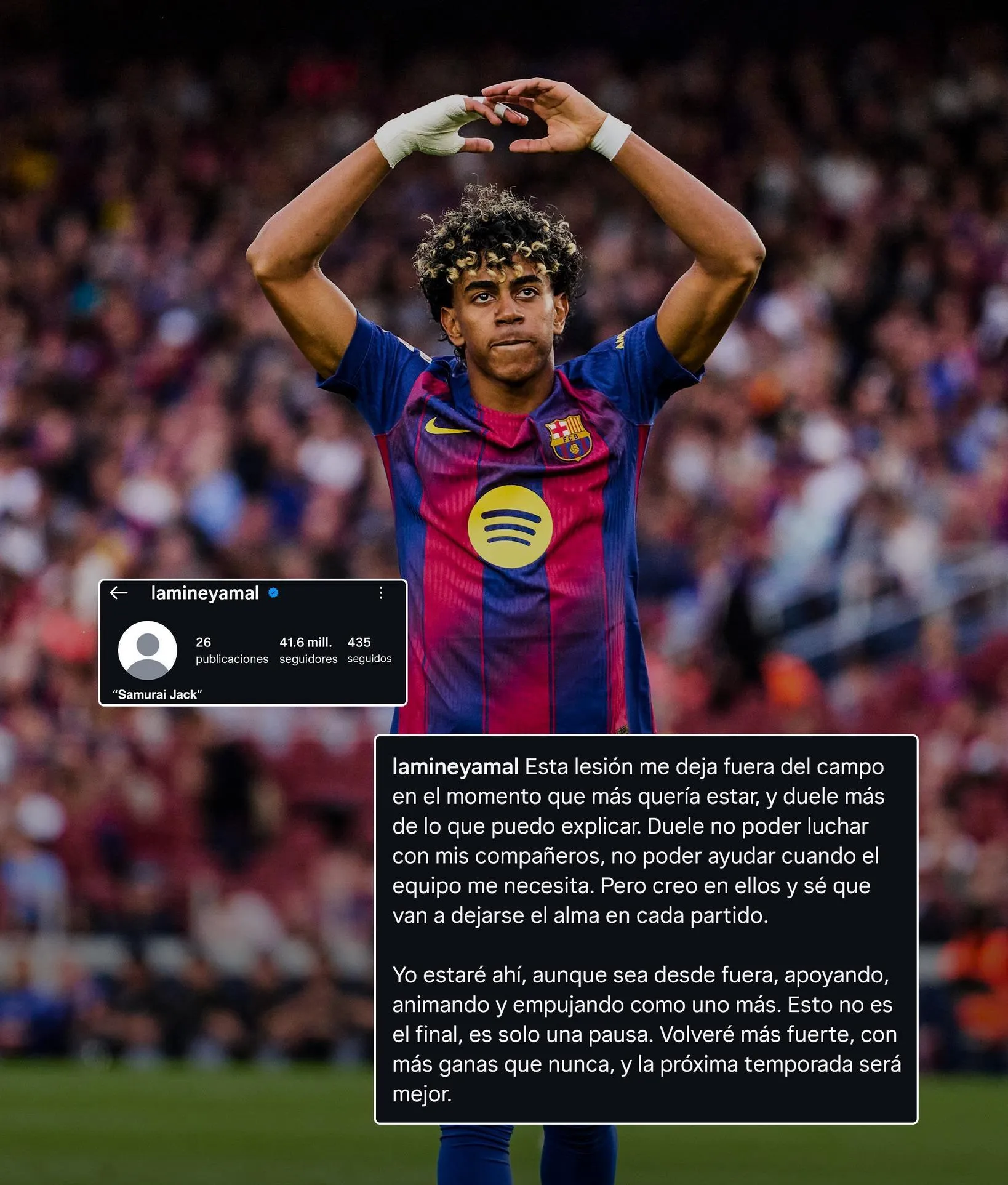 پست اینستاگرامی لامین یامال درباره مصدومیت و دوری از میادین بارسلونا در پایان فصل ۲۰۲۶-۲۰۲۵ لالیگا.